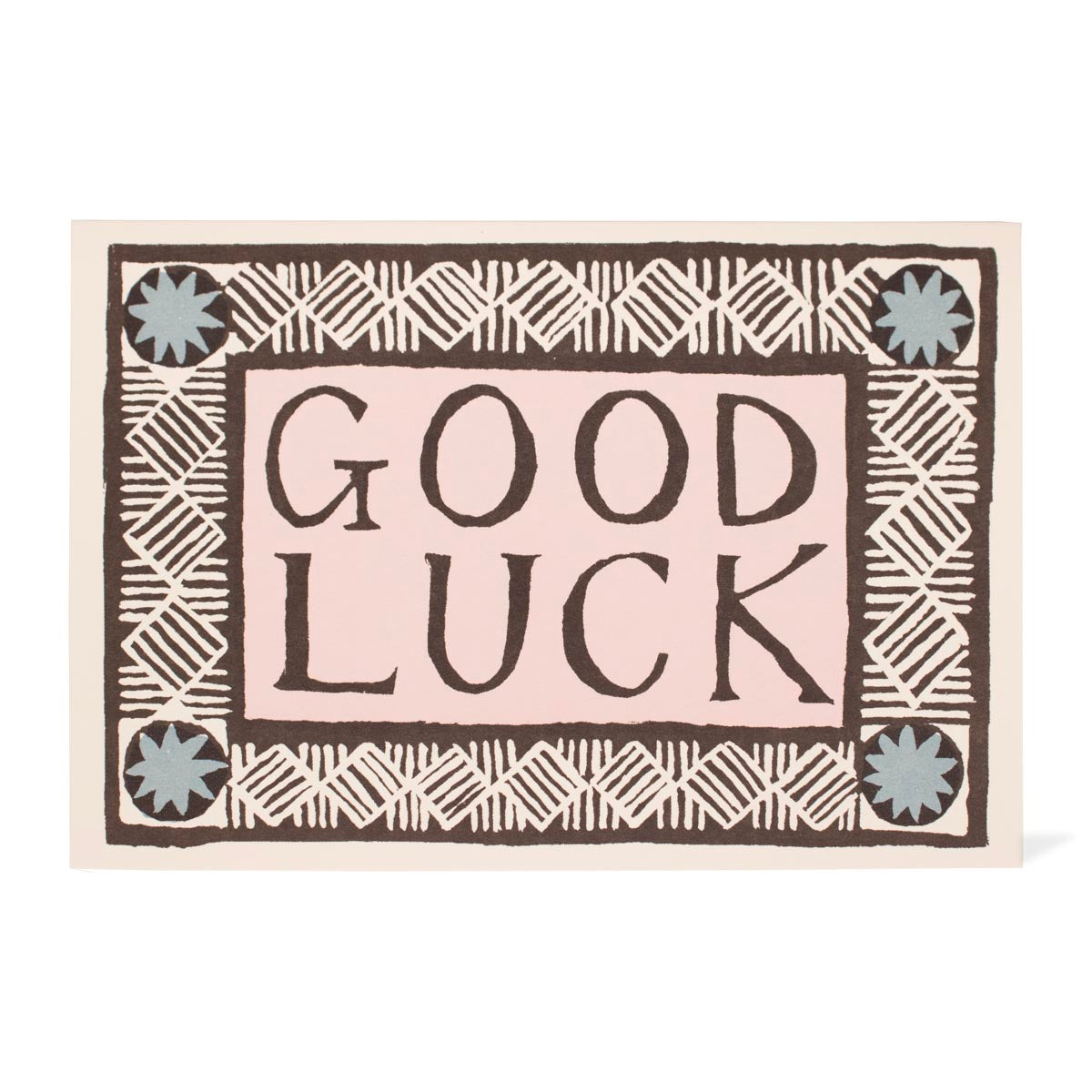 Card with 'Good Luck' text and decorative border in dark brown and pale blue on a beige background