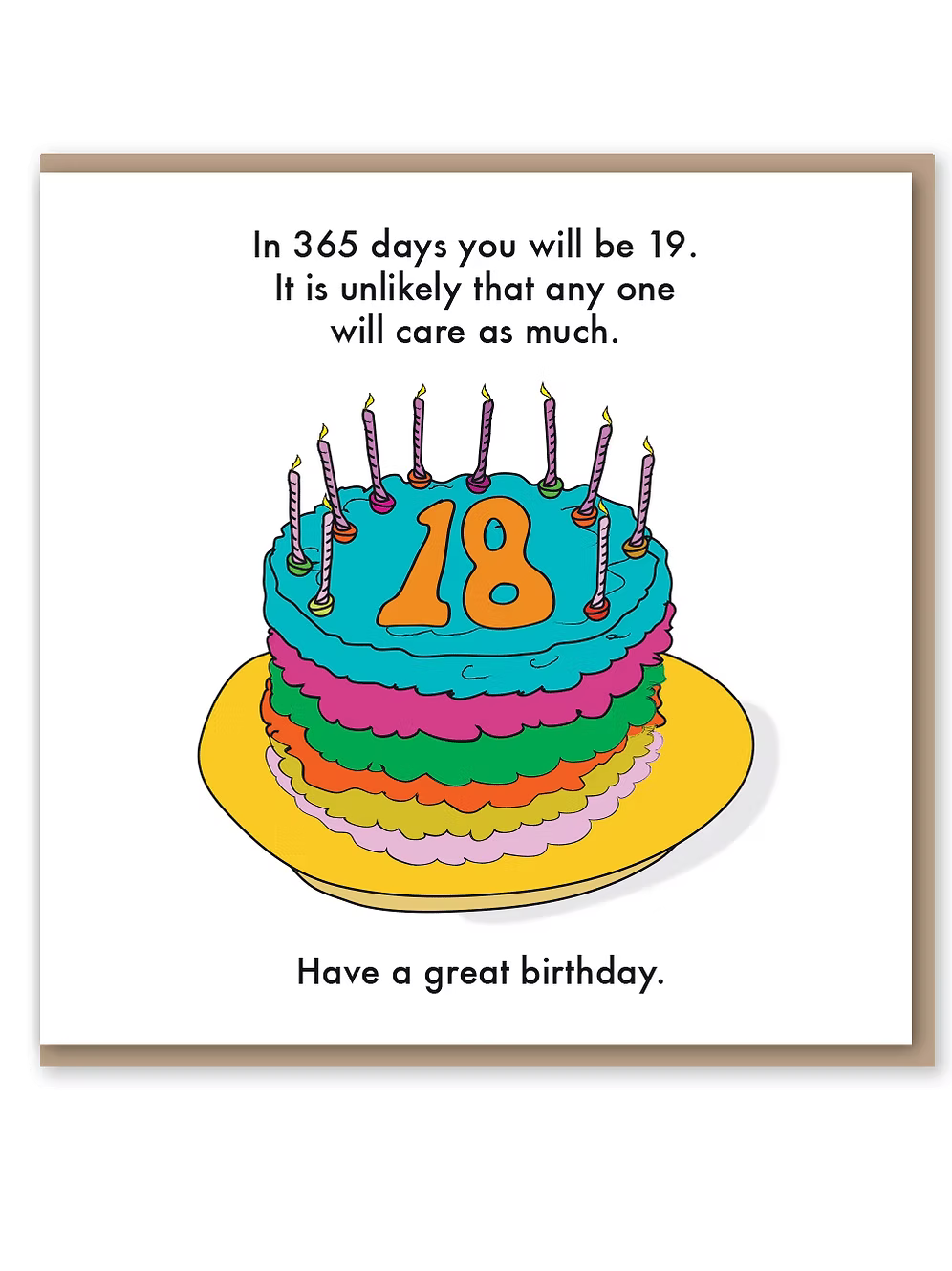 Birthday card with a colourful 18th birthday cake illustration and text reading 'in 365 days you will be 19. It is unlikely that anyone will care as much'.
