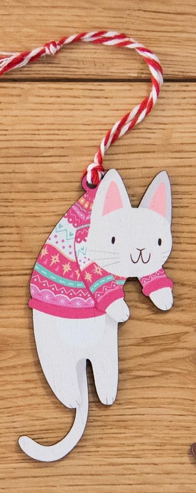 Wooden White Cat Christmas Decoration