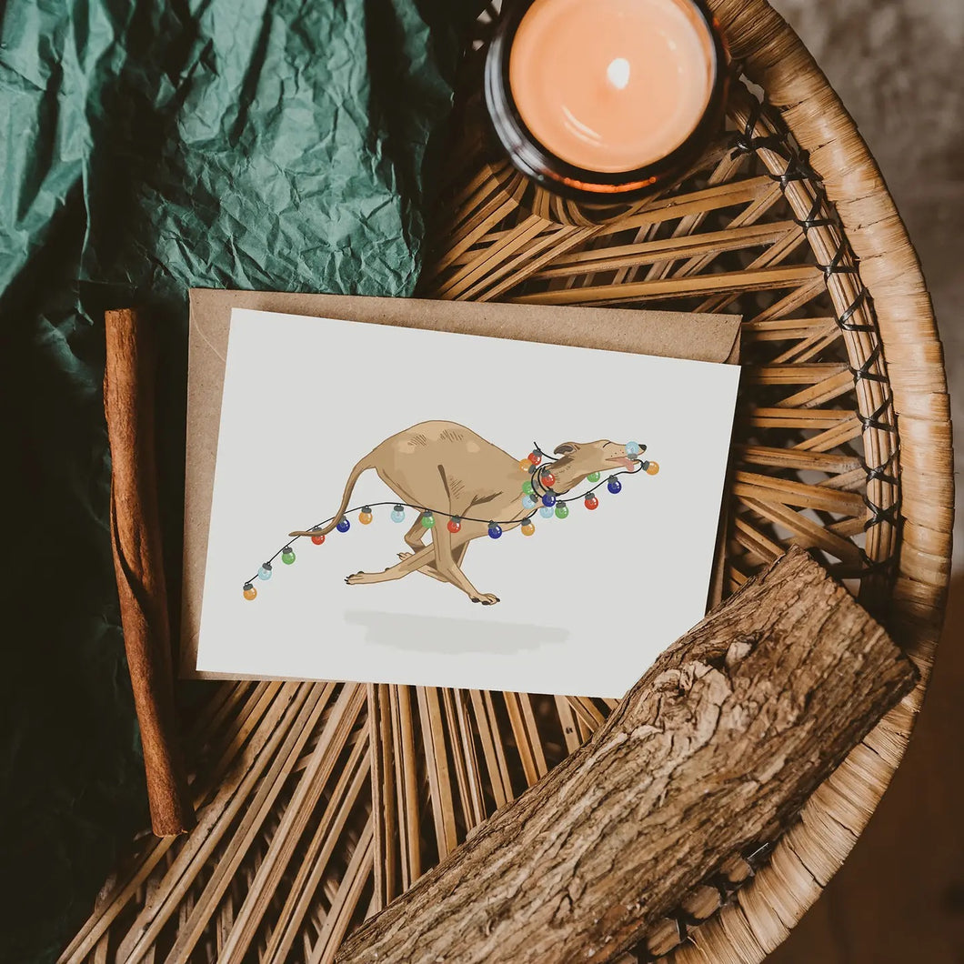 Whippet Fairy Lights, Christmas Card