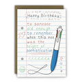 Birthday card with a pen illustration and humorous text on a lined paper background