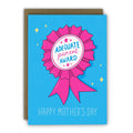 Mother's Day card with pink rosette with 'Adequate Parent Award' text on a blue background with Happy Mother's Day in white.