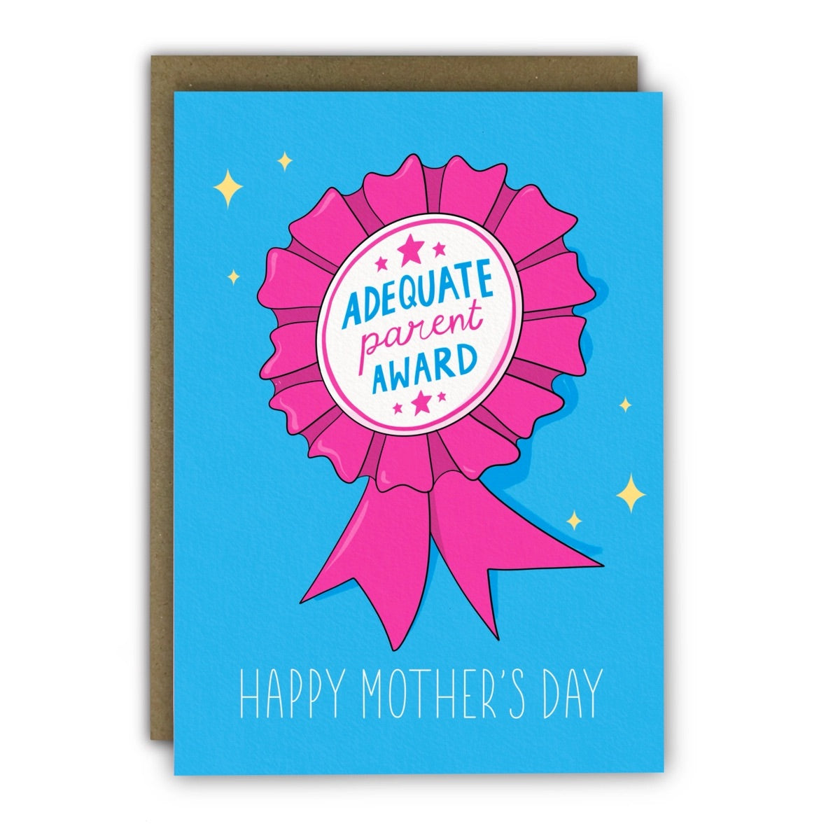 Mother's Day card with pink rosette with 'Adequate Parent Award' text on a blue background with Happy Mother's Day in white.