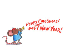 A festive illustration of a small brown mouse wearing a blue coat and red beret, playing a gold trumpet beside red handwritten text that reads “MERRY CHRISTMAS! AND HAPPY NEW YEAR!” on a plain white background.