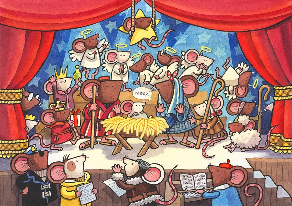 A colorful cartoon illustration of a nativity scene featuring mice dressed as angels, wise men, shepherds, and a baby in a manger, with red curtains framing the stage-like composition.