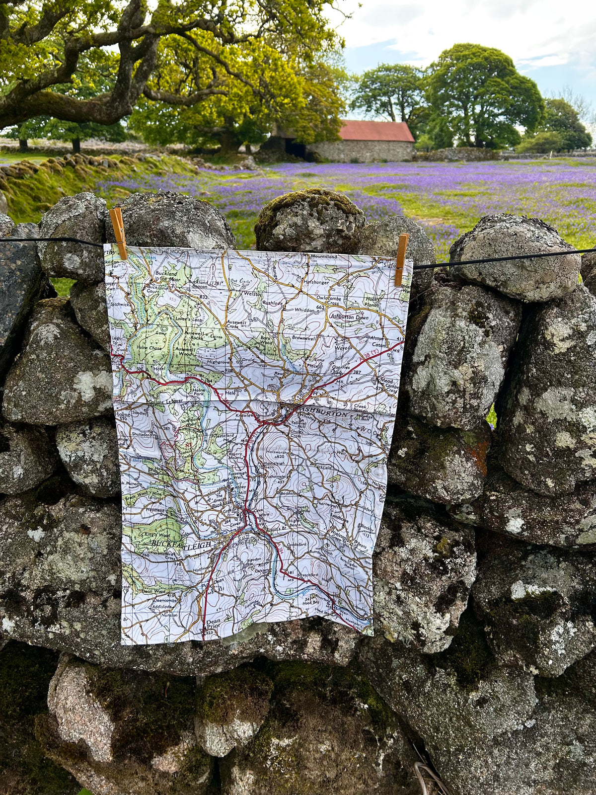 A map print tea towel clipped to a washing line next to a rustic stone wall outdoors, with a flowers, trees, and a barn in the background.