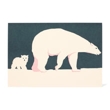 A minimalist art card featuring a large polar bear walking beside a small baby polar bear  against a dark teal sky background and snowy ground.