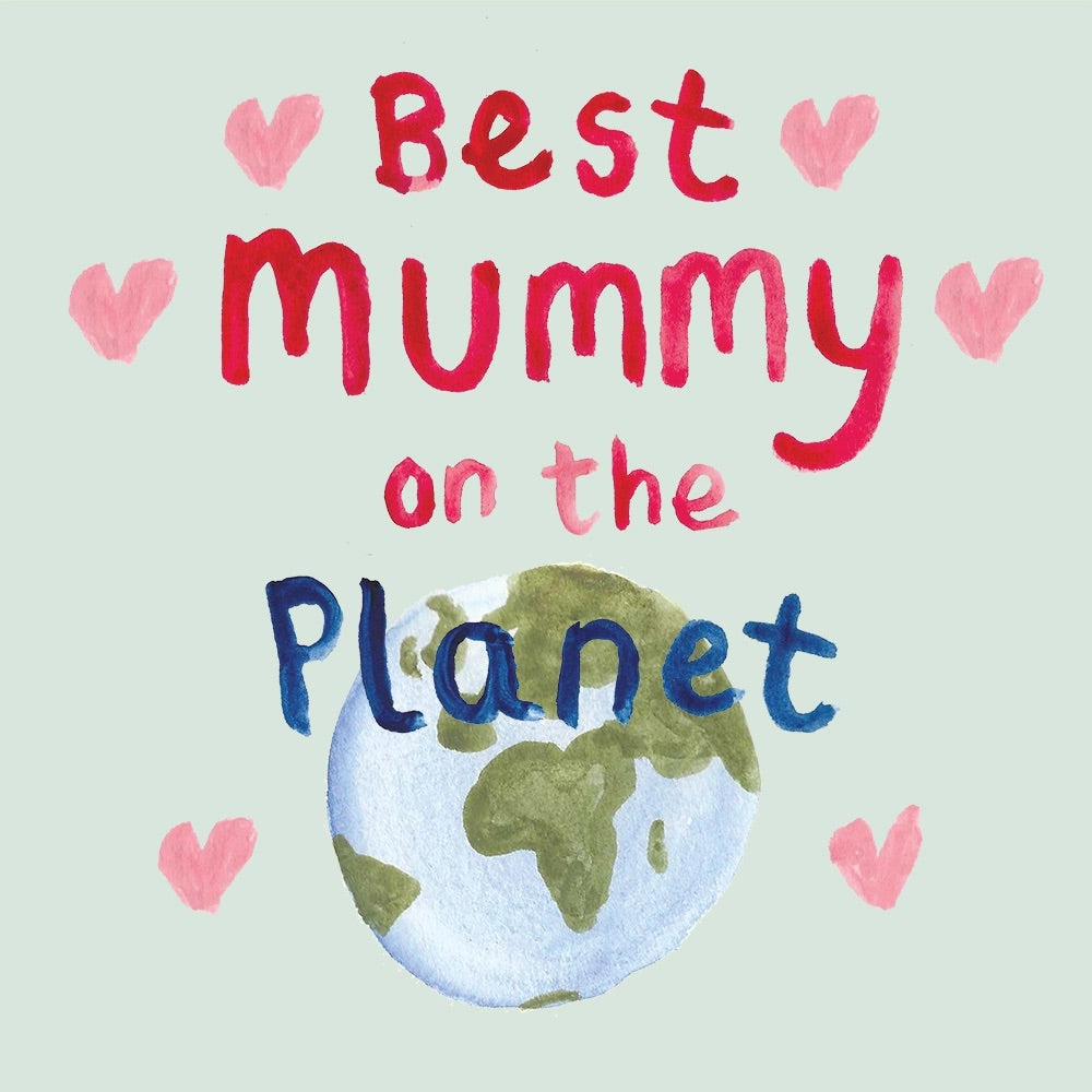 Card with 'Best Mummy on the Planet' text and a globe illustration on a light green background.