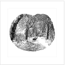A black and white image of two deer in a snowy woodland clearing.