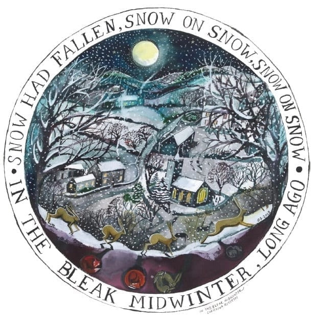 A circular vintage-style winter illustration with the text 'IN THE BLEAK MIDWINTER, LONG AGO' around the border and 'SNOW HAD FALLEN, SNOW ON SNOW, SNOW ON SNOW' at the top. The scene shows snow-covered houses, bare trees, a full moon, hills and with deer in the foreground.