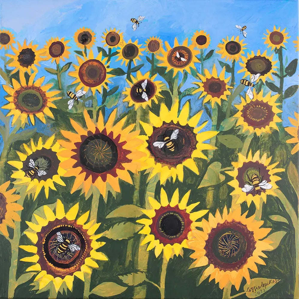 Greeting card featuring painting of sunflowers with bees on a blue sky background