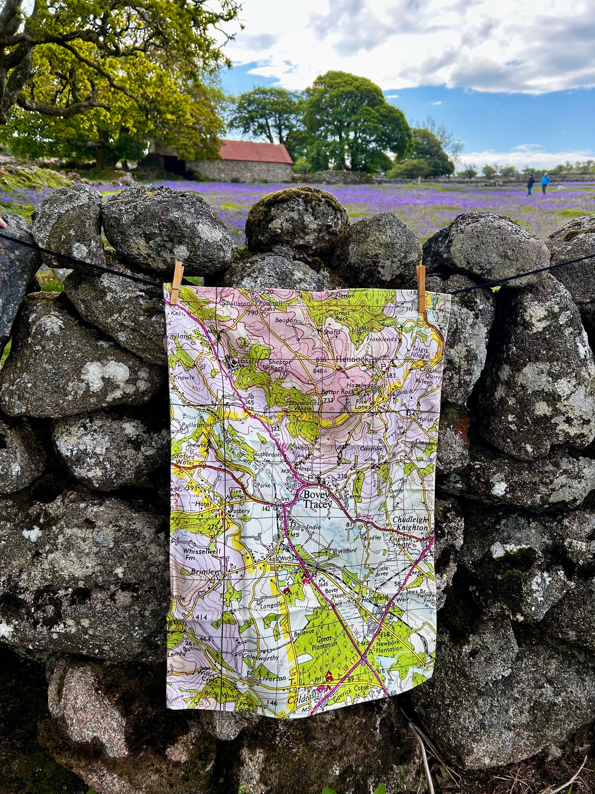 A rectangular tea towel printed with a vintage-style map of Bovey Tracey in pastel colours, hanging outdoors from a string on a rustic stone wall with a lavender field and trees in the background.