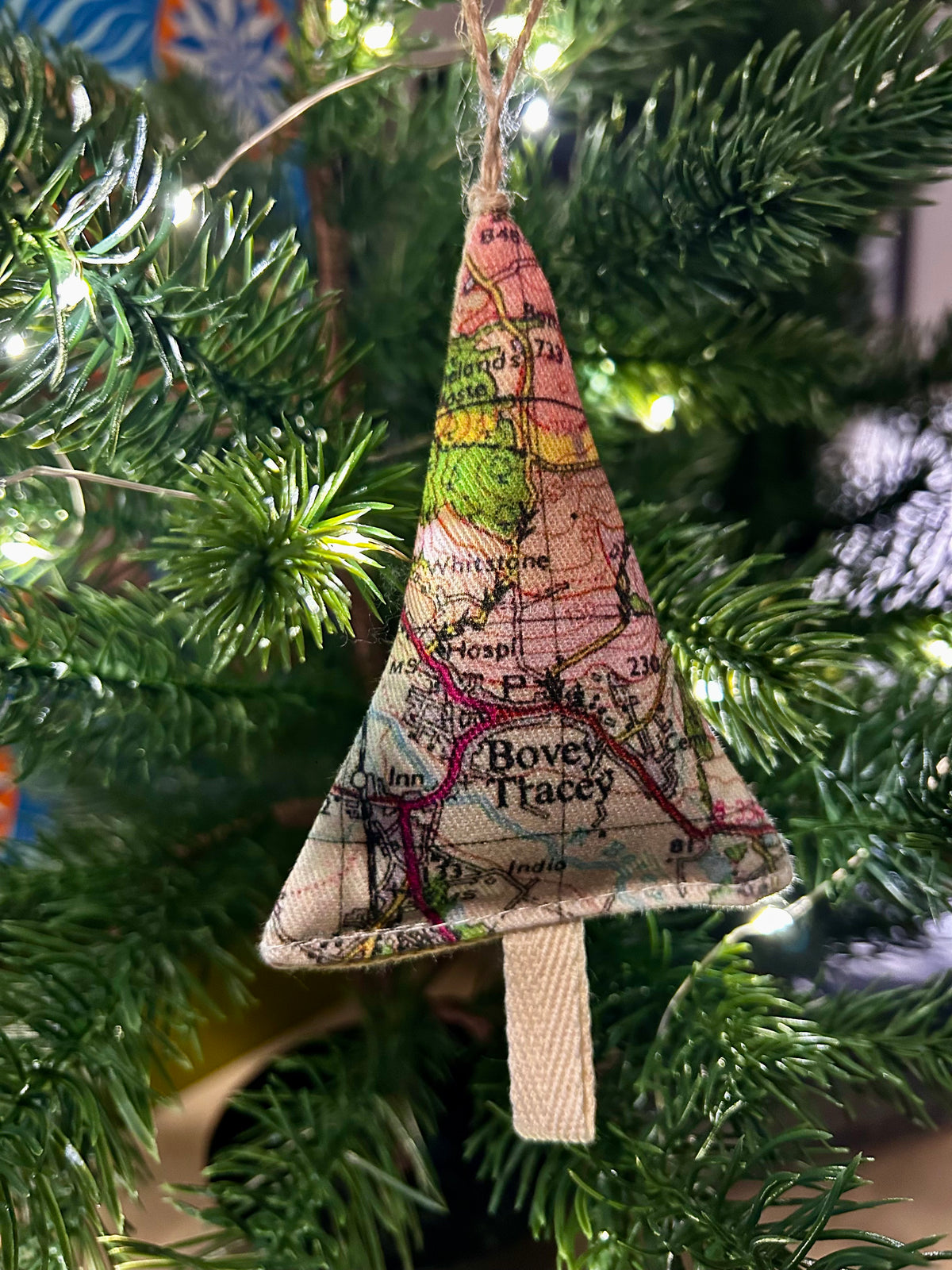 Fabric tree shape hanging ornament featured map of Bovey Tracey, Devon