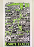 Tea towel featuring illustration of Bovey Tracey with green and black design on a white background