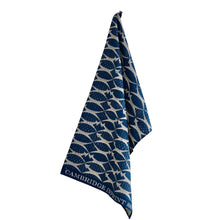 Blue and white cats patterned towel with 'Cambridge Imprint' branding on a white background