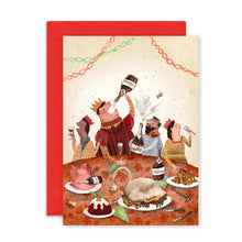 Card with illustration of four people celebrating at a table with food and drinks, featuring a red envelope.