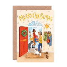 Christmas card with a red door, wreath, and people with a dog on a white background