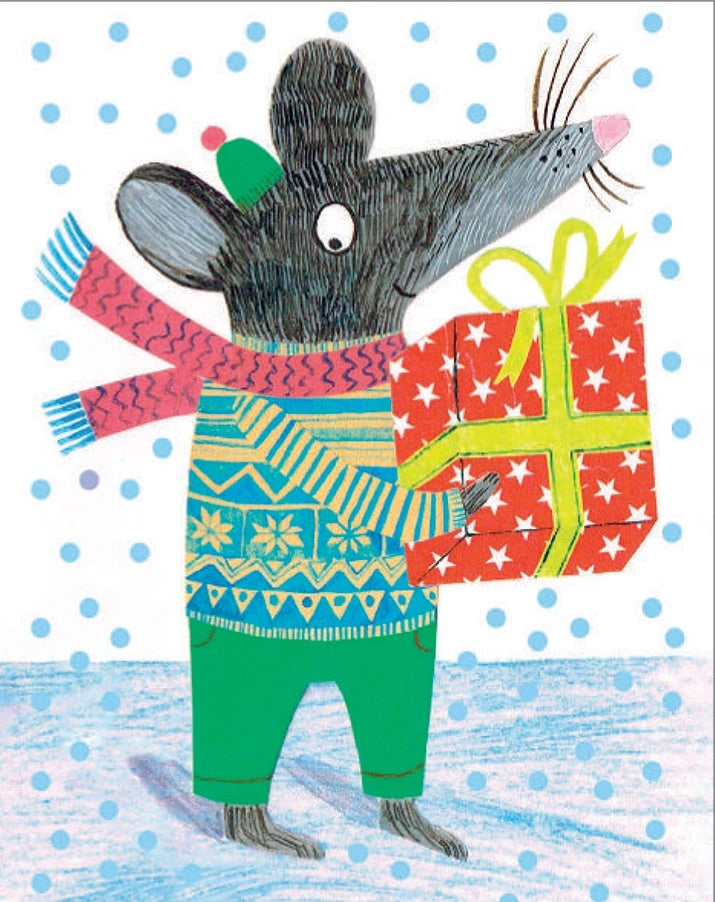 A fun filled mouse comes bearing a Christmas gift, wrapped in red starry paper with a yellow bow. They are wearing a rather fetching pattern wool jumper with a bright red scarf to protect from the falling snow.