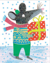 A fun filled mouse comes bearing a Christmas gift, wrapped in red starry paper with a yellow bow. They are wearing a rather fetching pattern wool jumper with a bright red scarf to protect from the falling snow.