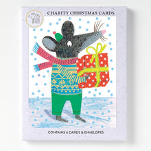 Christmas Cards box of 6,  featuring an illustration of a mouse in a colorful sweater holding a red gift box with stars, on a white snowy background.