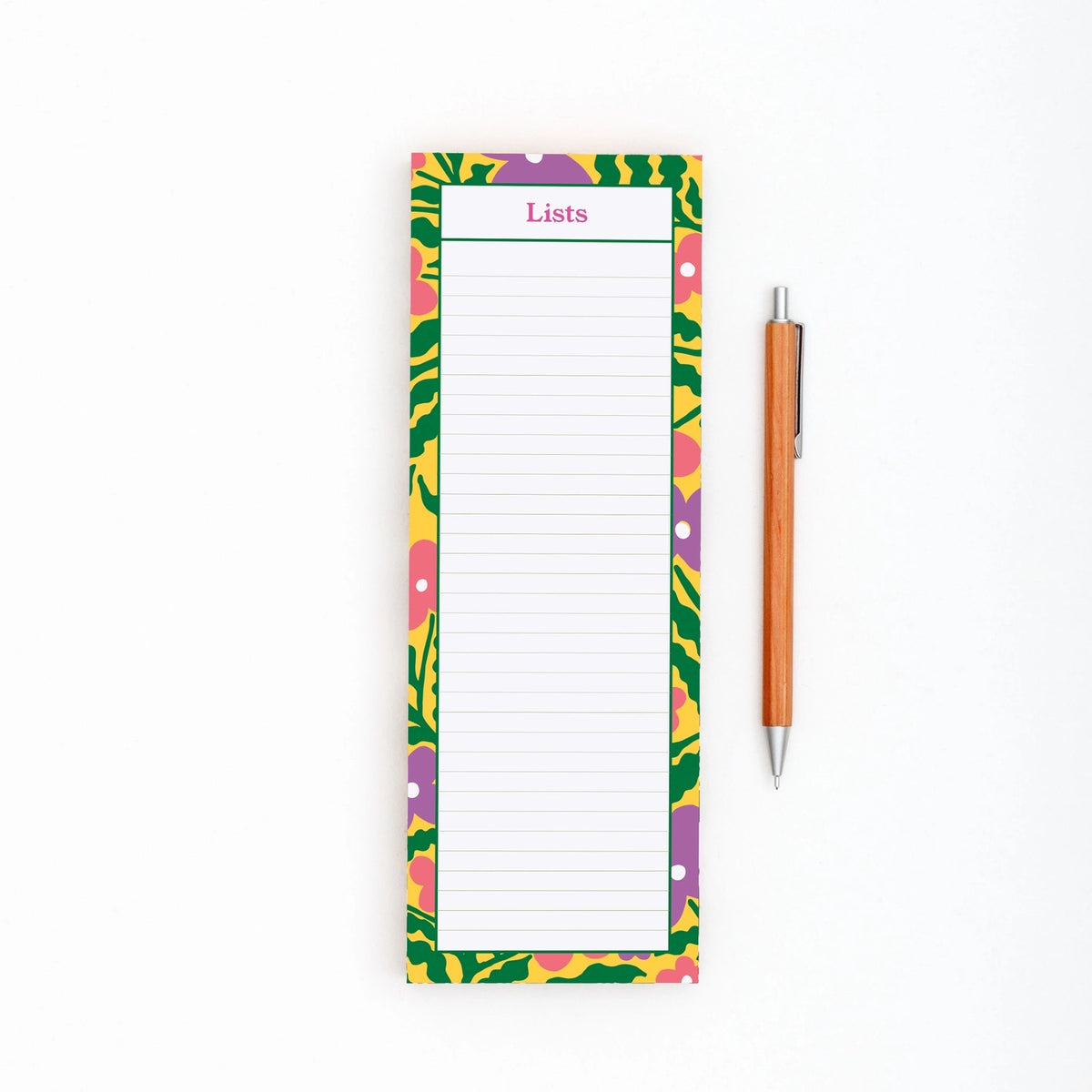 A vertical lined notepad with a colorful floral border and the word 'Lists' at the top, shown on a white background next to a wooden pen.