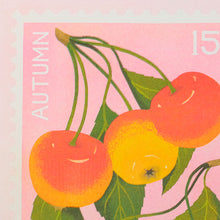 Close up of Risograph print of crab apples in oranges and yellows against a pink background in the style of a vintage postage stamp. 