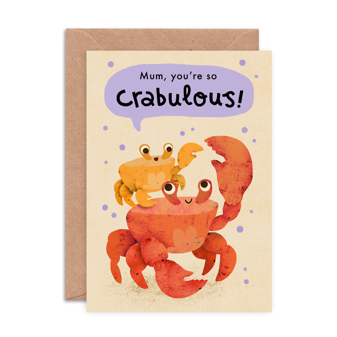 Greeting card with a cartoon crab and child, and the text 'Mum, you're so crabulous!' on a beige background.