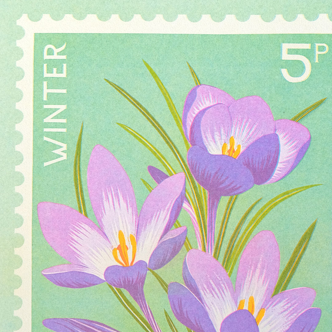 Close up of risograph print of crocus flowers in the style of a vintage stamp in shades of purple and mint green.