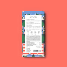 The back of a chocolate bar, featuring all of the details including ingredients, allergens and the making process.