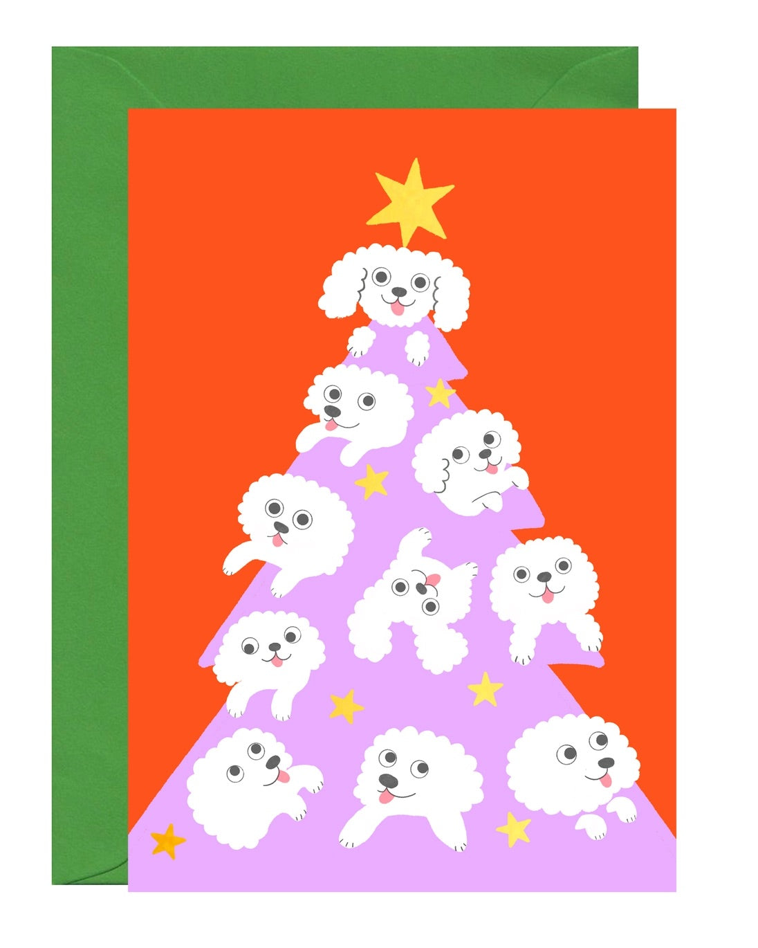 Card with a Christmas tree design full of cartoon dogs on a lilac Christmas tree with red background 