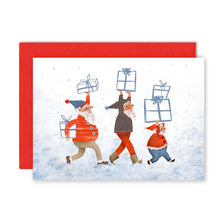 Card with cartoon elves carrying Christmas presents on a snowy background