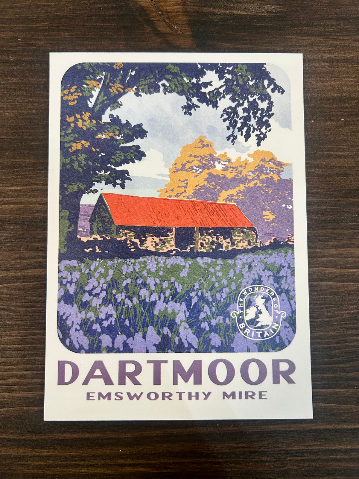 A vintage-style Dartmoor Emsworthy Mire travel postcard featuring a red-roofed barn, field of bluebells, and trees, photographed flat on a dark wood surface.