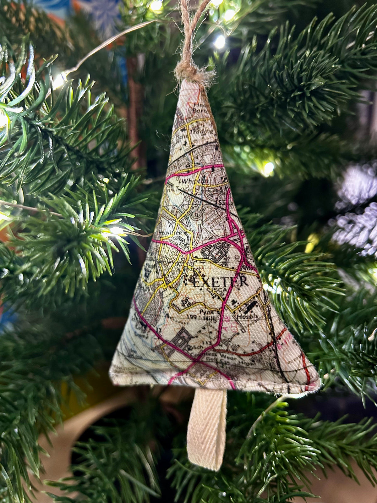 Fabric tree shape hanging ornament featured map of Exeter, Devon