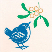 A wren looks up at mistletoe with Five Gold Rings instead of berries