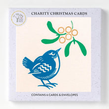 6 Charity Christmas Cards boxed  featuring a cream-coloured card design with a blue bird and green mistletoe illustration, but with five gold rings for it's berries.