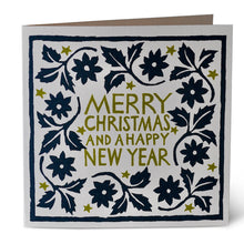 Decorative Christmas card with floral patterns and 'Merry Christmas and a Happy New Year' text in black and gold on a cream background.