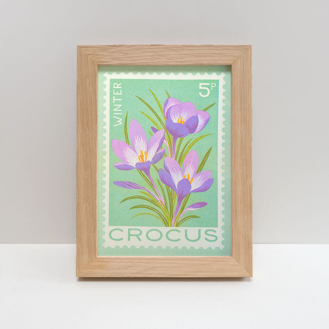A framed art print featuring a vintage-style crocus stamp illustration with three purple flowers on a mint green background, set in a light natural wood frame.