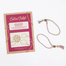 Cotton Twist friendship bracelet kit with a colorful bracelet on a white background