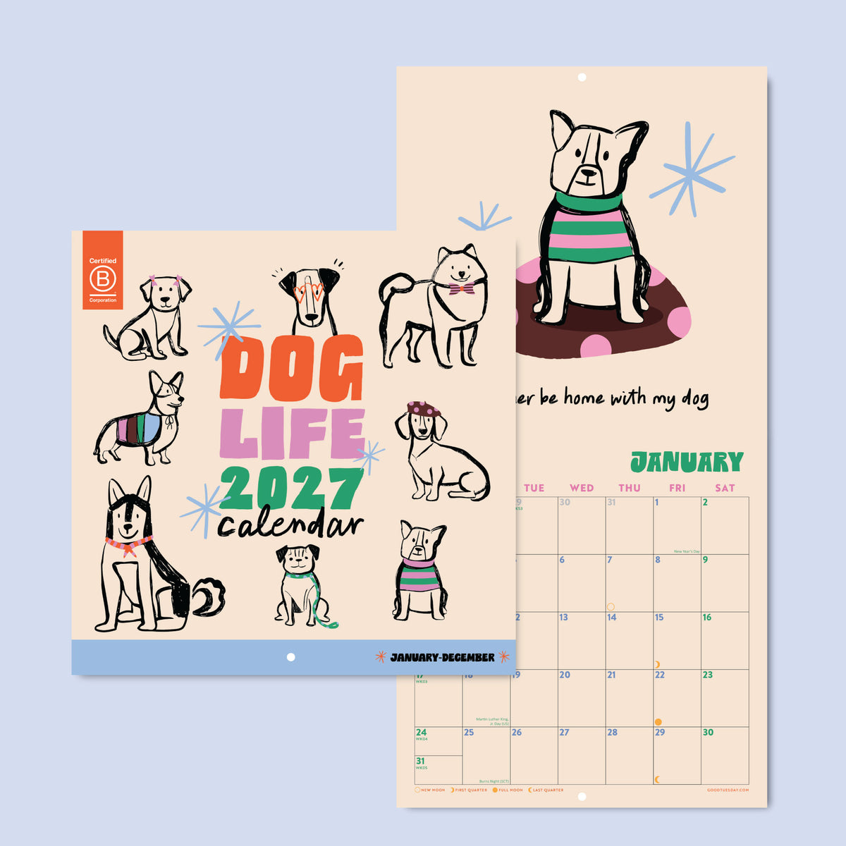 Dog Life 2027 calendar with illustrations of dogs on a light blue background