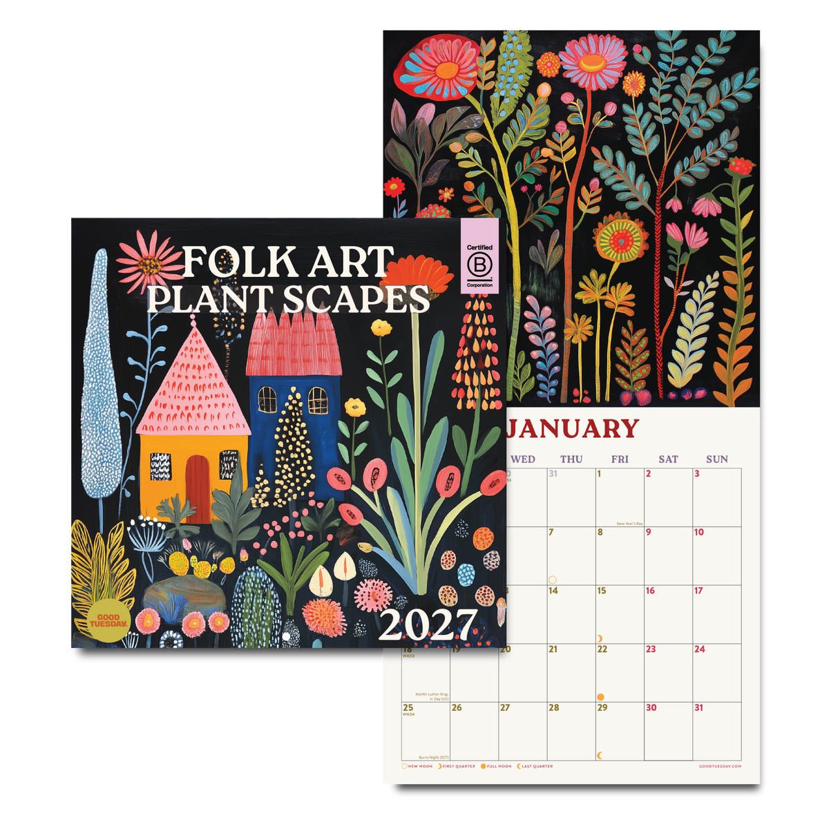 A 2027 wall calendar titled 'Folk Art Plant Scapes' shown with its cover and a sample January page on a white background. The cover features a colorful folk-art illustration of a house and plants on a black background.