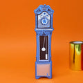 Blue leather grandfather clock bookmark on an orange background 