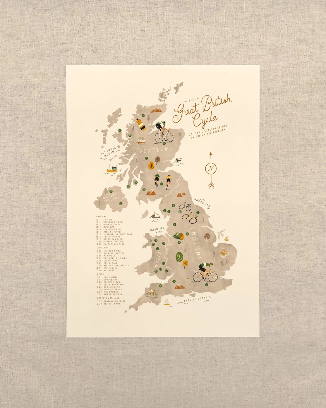 A vertical art print of a stylized map of Great Britain with illustrated bicycles and route details, titled 'The Great British Cycle', displayed against a textured beige linen background.