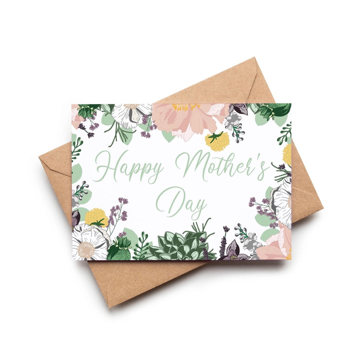 Greeting card with floral design and 'Happy Mother's Day' text on a white background
