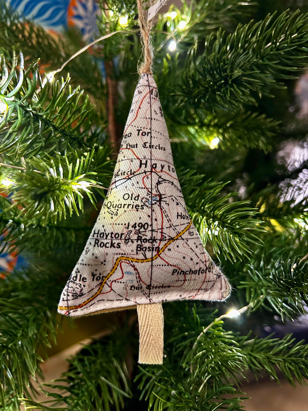 Fabric tree shape hanging ornament featured map of Haytor Rocks on Dartmoor