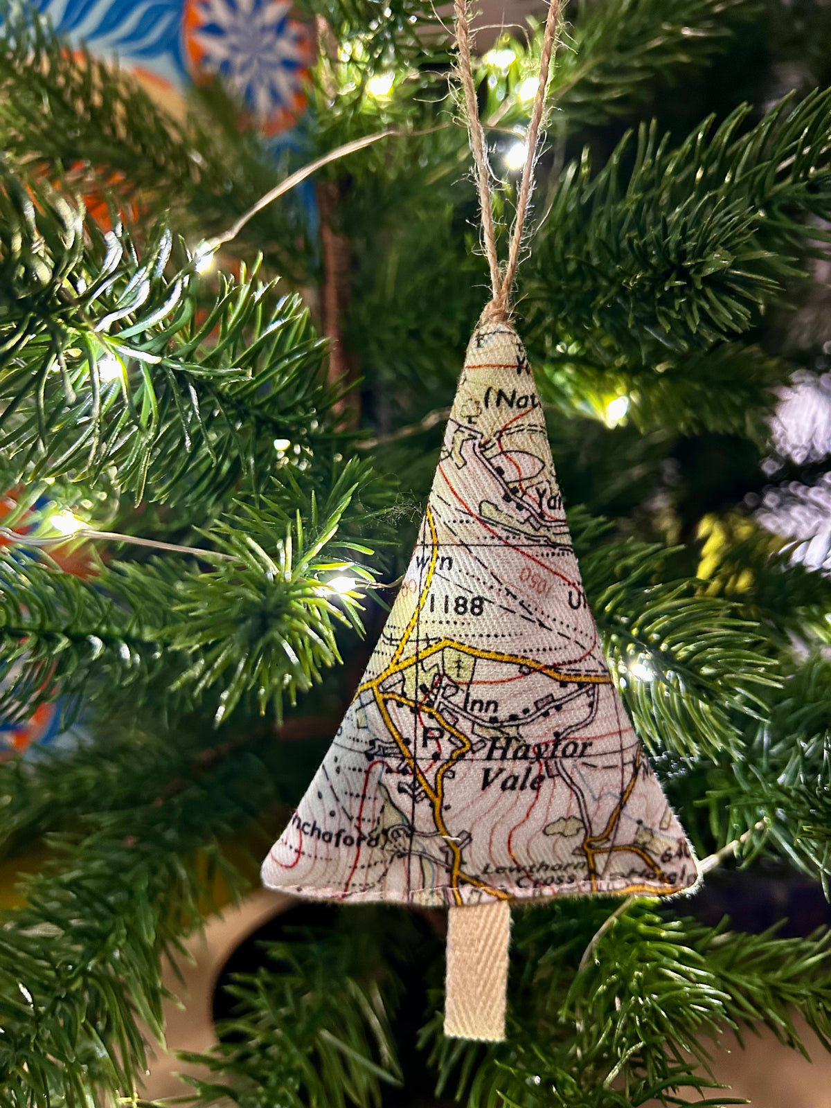 Fabric tree shape hanging ornament featured map of Haytor Vale on Dartmoor