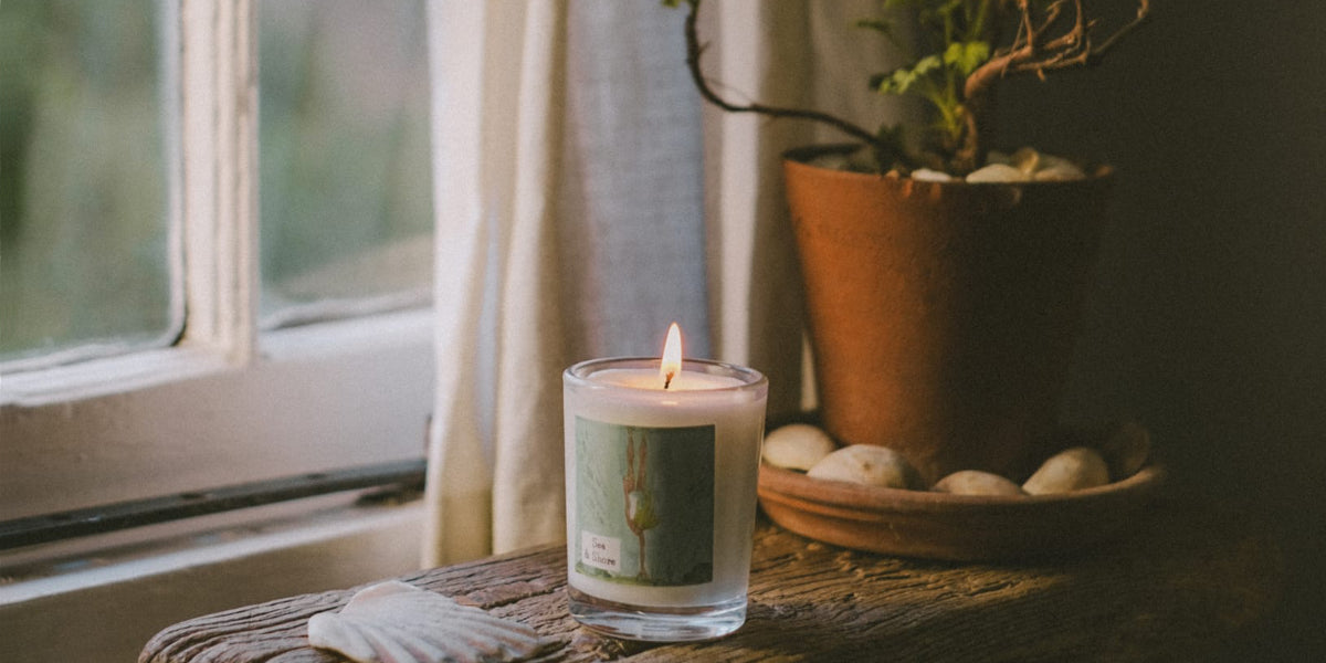 Candle in a glass holder on a windowsill with a plant in the background