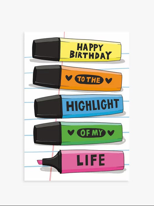 Colorful highlighter markers with humorous text on a lined paper background