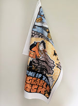 Tea towel featuring illustration of woman and huggable rock on Dartmoor