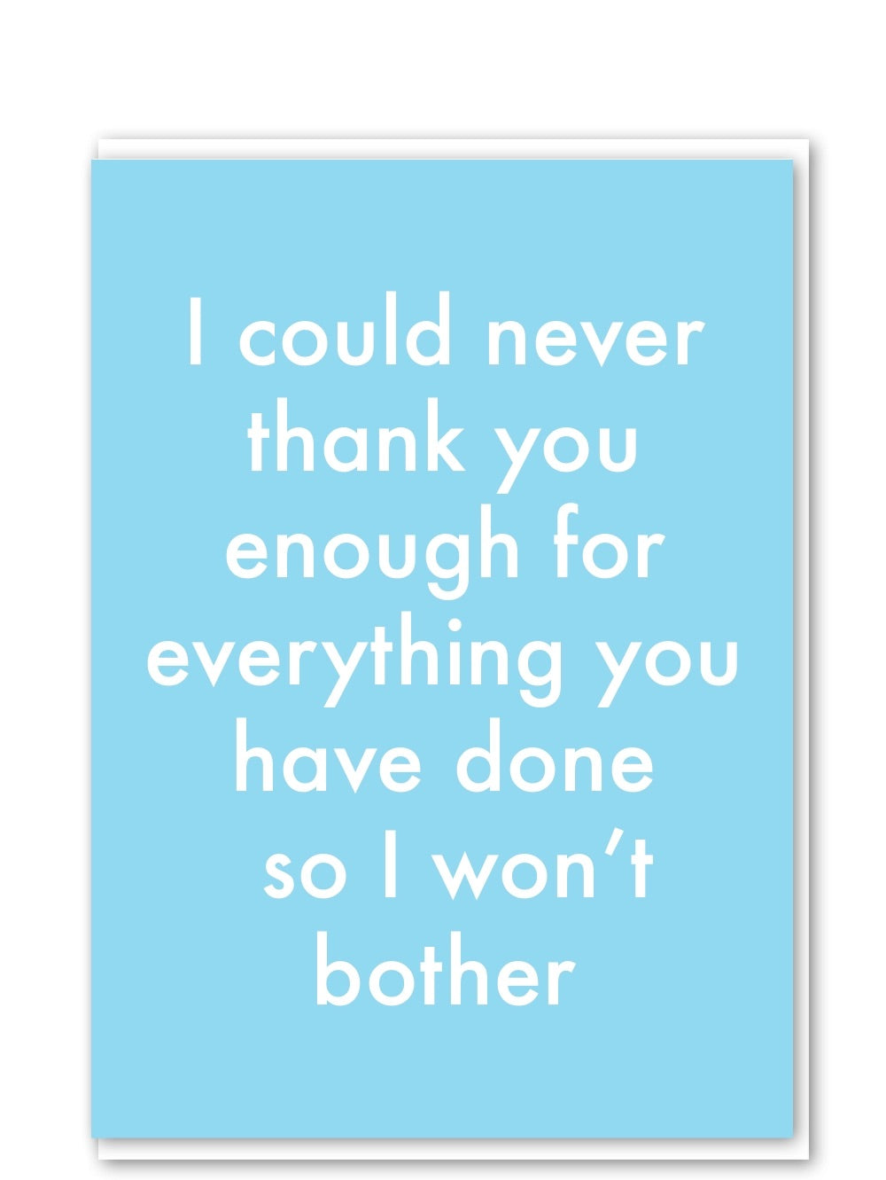 Card with light blue background and text that reads 'I could never thank you enough for everything you have done so I won't bother'. Made by Objectables