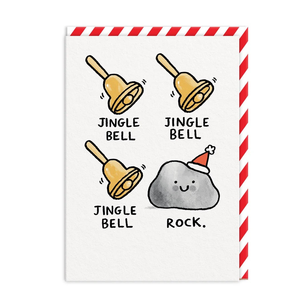 Illustration of jingle bells and a rock with a Santa hat on a white background with red and white striped envelope. The famous Christmas song re-enacted with images!